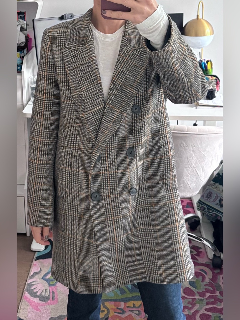 Zara Double-Breasted Plaid Pea Coat in Gray and Brown